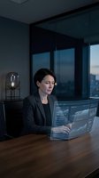 Middle-aged woman, Caucasian ethnicity, business professional wearing black blazer, analyzing financial data on holographic display in modern office with city skyline view.
