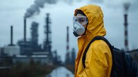 Person in yellow hazmat suit and gas mask standing near industrial smokestacks with toxic smoke pollution for environmental protection and safety concepts.