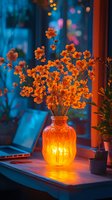 Orange wildflowers in illuminated glass vase on windowsill at dusk, with laptop and bokeh lights creating cozy atmosphere. Moody evening home interior.