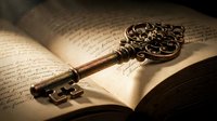Antique ornate bronze key resting on open vintage book with handwritten pages, evoking mystery, knowledge, and secret wisdom.