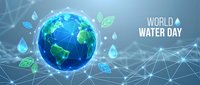 Blue planet Earth surrounded by water drops and green leaves on geometric network background for environmental awareness and conservation campaigns.