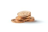 Stack of shiny copper pennies on white background with selective focus and shallow depth of field, isolated for financial concepts and wealth themes.