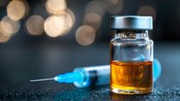 Medical vial with amber liquid and syringe on dark background with bokeh lights, dramatic healthcare and pharmaceutical concept for vaccination or medicine.