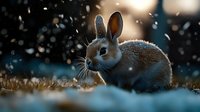 Adorable wild rabbit in snowy winter forest at sunset, backlit by golden sunlight with falling snowflakes creating magical atmosphere in nature setting.
