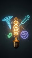 Vintage lightbulb with glowing neon medical symbols including caduceus, syringe, stethoscope and bacteria icons representing healthcare innovation concept.