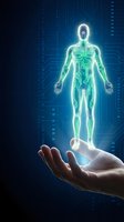 Glowing neon human figure with circuit board patterns held in open palm against digital blue background, representing healthcare technology and medical innovation.