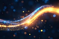 Magical glowing wave with sparkles and bokeh effect on dark background, flowing golden and blue light trail with glitter particles and blur spots.