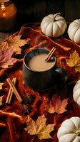 Cozy autumn scene with spiced latte in dark mug surrounded by white pumpkins, cinnamon sticks, star anise and colorful fall leaves on rustic orange fabric.