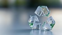 Glass recycling symbol made of transparent ice cubes with green accents on blurred background representing environmental sustainability and eco-friendly practices.
