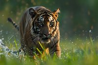 Majestic Bengal tiger walking through water drops and green grass at golden hour, dramatic wildlife photography perfect for nature magazines and conservation projects.