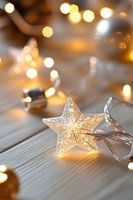 Glowing star-shaped string light on wooden surface with warm bokeh background, creating cozy festive atmosphere for holiday decoration.