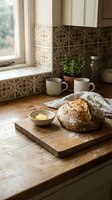 Rustic kitchen counter with freshly baked sourdough bread, butter, ceramic mugs, and potted herbs by window with patterned tile backsplash for home decor and food styling.