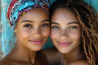 Two young mixed-race women with natural makeup smiling at camera, one wearing colorful headwrap, other with dreadlocks, close friendship portrait.