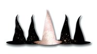 Witch hats collection in black and rose gold glitter on white background, isolated design element for Halloween decor and magical themes.