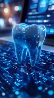 Digital molar tooth hologram floating over computer circuit board with blue technology background, representing modern dental care and AI in dentistry.
