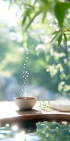 Steaming ceramic bowl on wooden surface against blurred green foliage background, with rising vapor drops creating magical morning atmosphere. Zen wellness concept.