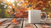 White ceramic mug on rustic wooden table with autumn leaves and blurred fall foliage background creating cozy seasonal atmosphere. Natural sunlight adds warmth.