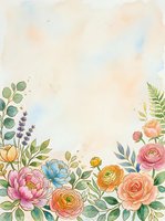 Watercolor floral border with roses, peonies and ranunculus on soft pastel background with copy space for wedding or greeting card.