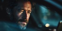 Mature bearded man driving car at night with dramatic lighting and serious expression for automotive safety and transportation concepts.