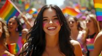 Young Hispanic woman with rainbow face paint smiling joyfully at pride parade celebration, surrounded by colorful flags and festive crowd in bright sunlight.