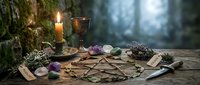 Mystical altar setup with pentagram, crystals, candles and ritual tools on wooden surface in enchanted forest setting for spiritual practices.