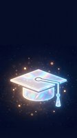 Glowing holographic graduation cap with circuit patterns floating on dark blue background with golden bokeh particles.