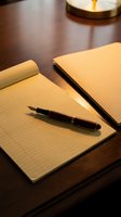 Open notebook with fountain pen on wooden desk under warm lamp light creating cozy writing atmosphere for journaling and creative work.