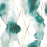 Elegant seamless pattern featuring flowing golden lines on turquoise and white watercolor background creates luxurious marble effect for fabric and wallpaper designs.