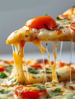 Hot slice of pizza with stretchy melted mozzarella cheese, fresh cherry tomatoes and basil leaves on gray background. Close up view showing gooey cheese pulls.