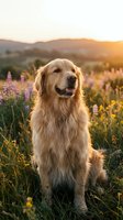 Golden retriever sitting in wildflower meadow at sunset, surrounded by purple and yellow blooms with mountains in background. Pet portrait.