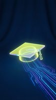 Neon glowing graduation cap with digital circuit lines flowing downward on dark blue background, representing online education, technology learning, and digital knowledge advancement.