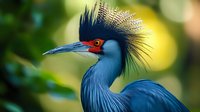 Majestic blue crowned heron with distinctive feathered crest and red eye ring poses against blurred natural background, showcasing vibrant plumage and elegant profile.