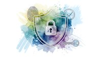 Cybersecurity shield with padlock and fingerprint biometric authentication on colorful watercolor background for digital protection concepts.