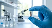 Laboratory scientist in blue gloves holding sample vial for medical research analysis in modern clinical facility with microscope equipment.
