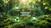 Sustainable circular supply chain concept with green technology icons showing production, consumption, delivery and recycling cycle on natural background.