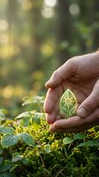 Hands protecting glowing eco leaf symbol over green moss in forest with bokeh light representing environmental conservation and sustainable energy solutions.