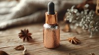 Rose gold essential oil bottle with water drops on wooden surface, star anise spices and dried flowers create spa atmosphere for wellness and aromatherapy designs.