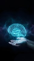 Glowing digital brain hologram floating above open palm against dark cosmic background representing artificial intelligence and neural networks.