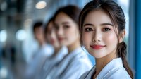 Young Asian female medical professional with confident smile wearing white coat in modern hospital hallway with colleagues in background. Healthcare concept.