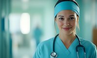 Young female medical professional in turquoise scrubs and headband smiling confidently in hospital corridor with stethoscope around neck. Blurred background creates depth.