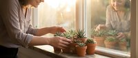 Young woman caring for small potted succulents on sunny windowsill, tending indoor plants in cozy home setting with natural light streaming through glass.