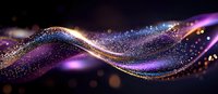 Magical glowing waves with sparkling particles and bokeh effects in purple and gold colors against dark background, abstract light motion design.