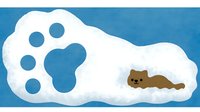Playful brown otter resting inside snowy footprint shape against blue background, creating whimsical winter wildlife scene for children's designs and holiday cards.