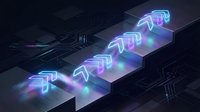Futuristic neon arrows pointing upward on dark digital circuit board background representing growth, progress and technological advancement in business.