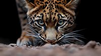 Wild ocelot with piercing blue eyes in hunting pose on rocky ground. Spotted coat pattern clearly visible against dark background for wildlife photography.