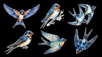 Watercolor swallow birds clipart set, isolated on transparent background. Six detailed barn swallows in blue and orange, ready for stickers, t-shirt design, and print on demand.