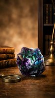 Fluorite crystal specimen with purple and green hues on vintage wooden desk with antique books and brass candlestick in warm atmospheric lighting.