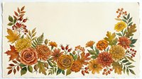 Autumn floral border with roses, chrysanthemums, marigolds, oak leaves, and berries in warm orange, red, and gold tones on cream background.