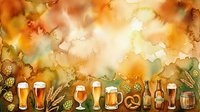 Watercolor beer festival background with mugs, glasses, bottles, hops, wheat, pretzel and barrel in warm autumn tones.