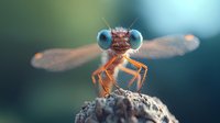 Macro photography of orange dragonfly with large blue compound eyes perched on rough surface against blurred natural background, showing detailed wing structure.